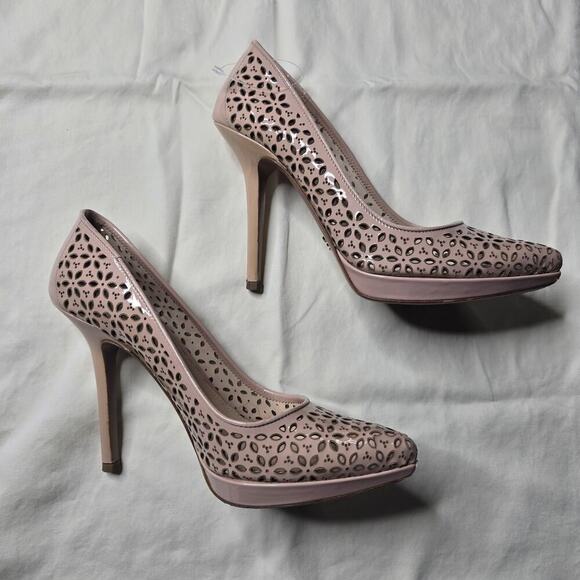 Prada Womens Vernice Cipria Blush Nude Pink Laser Cut Floral High Heels 38.5 - Picture 6 of 15